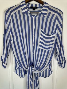 Vixbe Preppy Blue and White Striped Tie-Front Button Shirt Size L